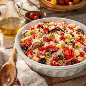 Insalata di riso estiva con formaggi, olive e salumi del Monte Poro - Monteporo Spilinga