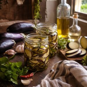 Melanzane sott'aceto a filetti in vasetto di vetro con aglio e peperoncino - Monteporo Spilinga