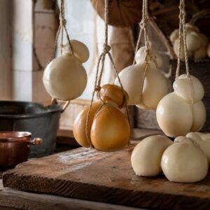Scamorza, formaggio a pasta filata a otto, bianca e affumicata su asse di legno - Monteporo Spilinga