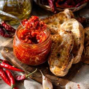 Bomba calabrese piccante sott'olio in vasetto con pane casereccio - Monteporo Spilinga