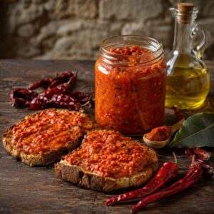 Bomba calabrese piccante in vaso di vetro con crostini e peperoncini - Monteporo Spilinga