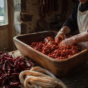 Impasto di carne di maiale e peperoncino per la 'Nduja del Monte Poro nel laboratorio artigianale - Monteporo Spilinga