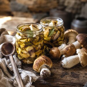 Funghi sott'olio calabresi in vaso di vetro con olio extravergine e alloro - Monteporo Spilinga