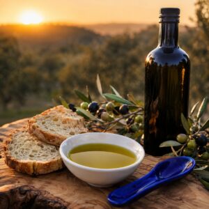 Olio extravergine di oliva calabrese in ciotola con rametti di olivo e uliveto sullo sfondo - Monteporo Spilinga