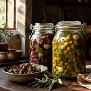 Olive verdi e nere in salamoia in vasi di vetro, tradizione del Monte Poro - Monteporo Spilinga