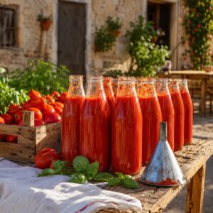 Bottiglie di passata di pomodoro fatta in casa su tavolo di legno in Calabria - Monteporo Spilinga