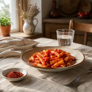 Piatto di pasta e ciotolina di peperoncino su tavola apparecchiata: il piccante in gravidanza - Monteporo Spilinga