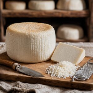 Forma di ricotta salata stagionata del Monte Poro su tagliere di legno - Monteporo Spilinga