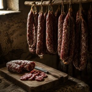 Salsiccia stagionata calabrese appesa in cantina di stagionatura del Monte Poro - Monteporo Spilinga