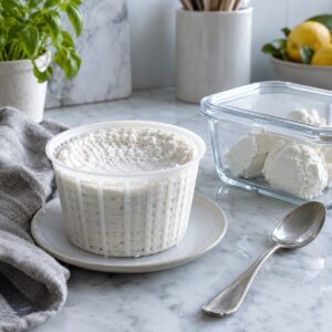 Congelare la ricotta: ricotta fresca nella fuscella e porzione in contenitore ermetico per il freezer - Latteria Monteporo, Spilinga, Monte Poro