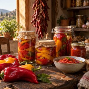 Conserve di peperoni in barattoli di vetro: peperoni sott’olio, in agrodolce e crema nella dispensa del Monte Poro - Monteporo Spilinga