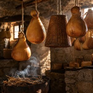 Formaggi affumicati appesi in cantina: provola affumicata, ricotta affumicata e scamorza con fumo di paglia - Latteria Monteporo, Spilinga, Monte Poro