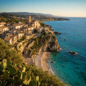 Parghelia vista dall'alto: borgo sul mare e spiaggia della Costa degli Dei sotto l'altopiano del Monte Poro - Monteporo Spilinga