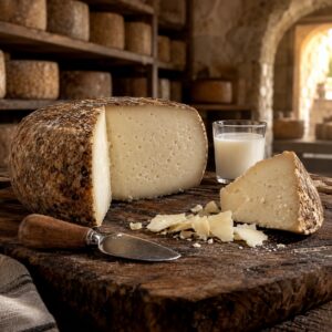 Pecorino senza lattosio: forma di pecorino stagionato tagliata a metà con pasta compatta su tagliere di legno - Latteria Monteporo, Spilinga, Monte Poro