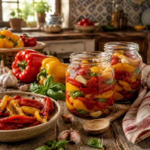 Peperoni sott'olio rossi e gialli in vasi di vetro con aglio e basilico - conserve della tradizione, Monteporo Spilinga