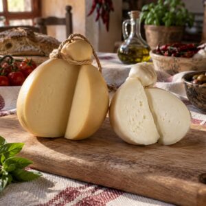Provola o scamorza a confronto: due formaggi a pasta filata tagliati a metà su tagliere di legno - Latteria Monteporo, Spilinga, Monte Poro