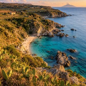 Ricadi dall'alto: baia di sabbia bianca e mare turchese sotto l'altopiano del Monte Poro, Costa degli Dei - Monteporo Spilinga