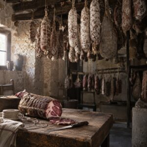 Salumi artigianali in stagionatura: capocolli e salami legati a mano in cantina - Salumificio Monteporo, Spilinga, Monte Poro
