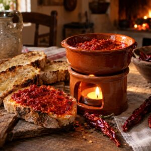 Scalda nduja in terracotta con candela e 'nduja sciolta spalmata su pane casereccio - 'Nduja di Spilinga, Monteporo, Monte Poro