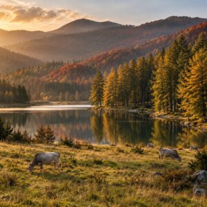 La Sila in autunno: pineta di pino laricio, lago e vacche podoliche al pascolo sull’altopiano calabrese - Monteporo, Spilinga, Monte Poro