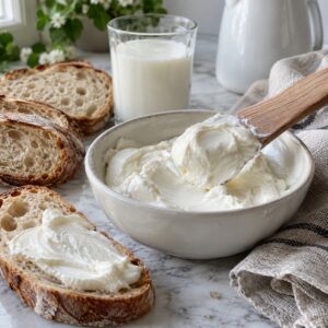 Stracchino in gravidanza: formaggio fresco cremoso con pane casereccio e latte - Latteria Monteporo, Spilinga, Monte Poro