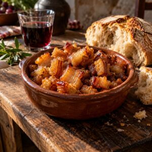 Ciccioli di maiale croccanti in una ciotola con pane casereccio e vino rosso - Monteporo Spilinga