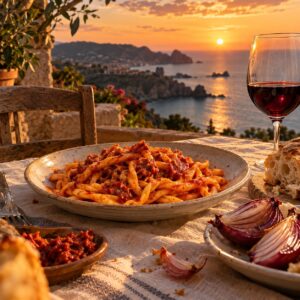 Fileja con nduja e cipolle rosse di Tropea su una tavola vista mare - cosa mangiare a Tropea, Monteporo