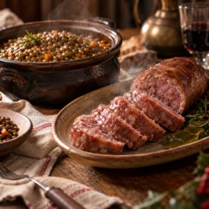 Cotechino a fette con lenticchie stufate, tavola di Capodanno - Monteporo Spilinga