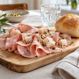 Fette di mortadella con pistacchi su tagliere con panino, mortadella in gravidanza - Monteporo Spilinga