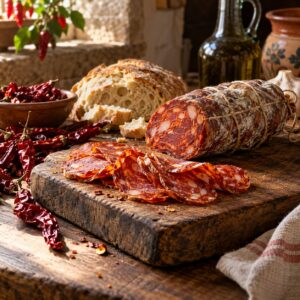 Salame piccante calabrese affettato su tagliere con peperoncini e pane casereccio - Monteporo Spilinga